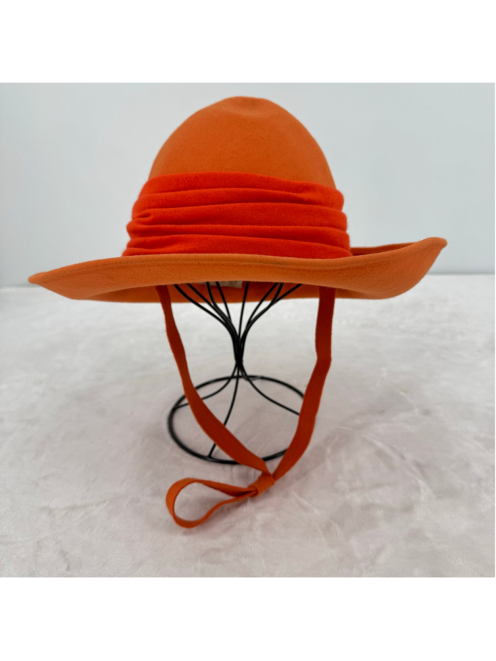 Vintage 70s Jan Leslie Orange Felt Hat Custom Design Made in Italy Wide Brim Tie